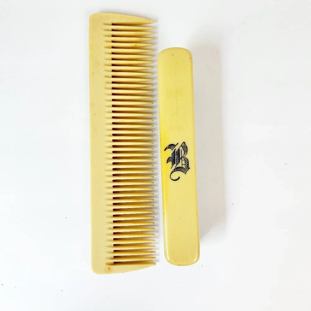 Antique Celluloid Clothes Brush & Hair Comb Monogram 